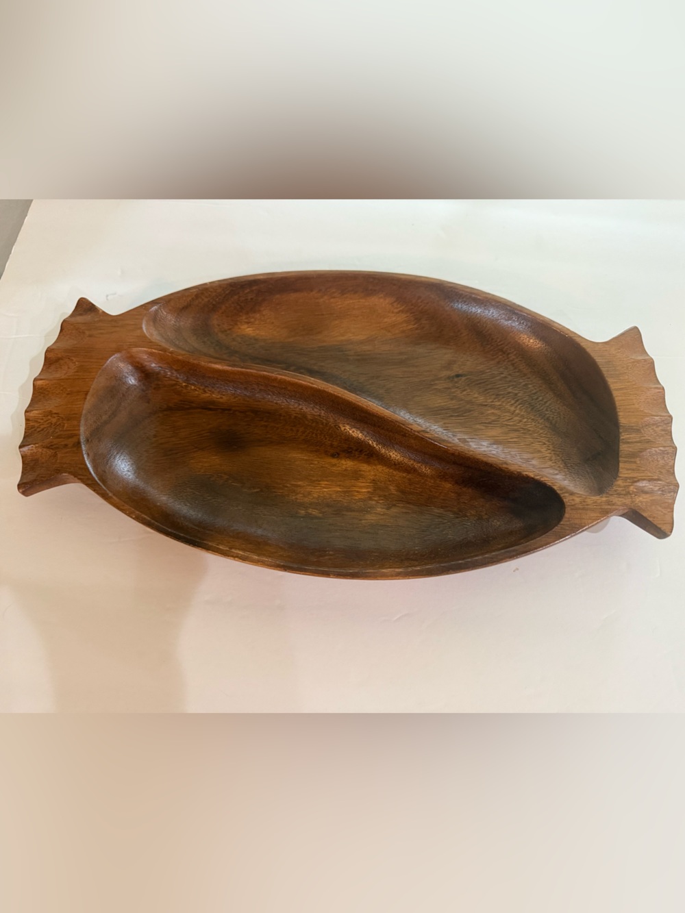 Leilani Monkey Pod Wood Hand Crafted Leaf Shaped Dish 2 Compartment Philippines